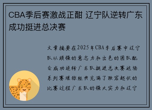 CBA季后赛激战正酣 辽宁队逆转广东成功挺进总决赛